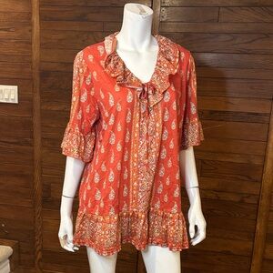 Elegant Ruffle Paisley Blouse - Red